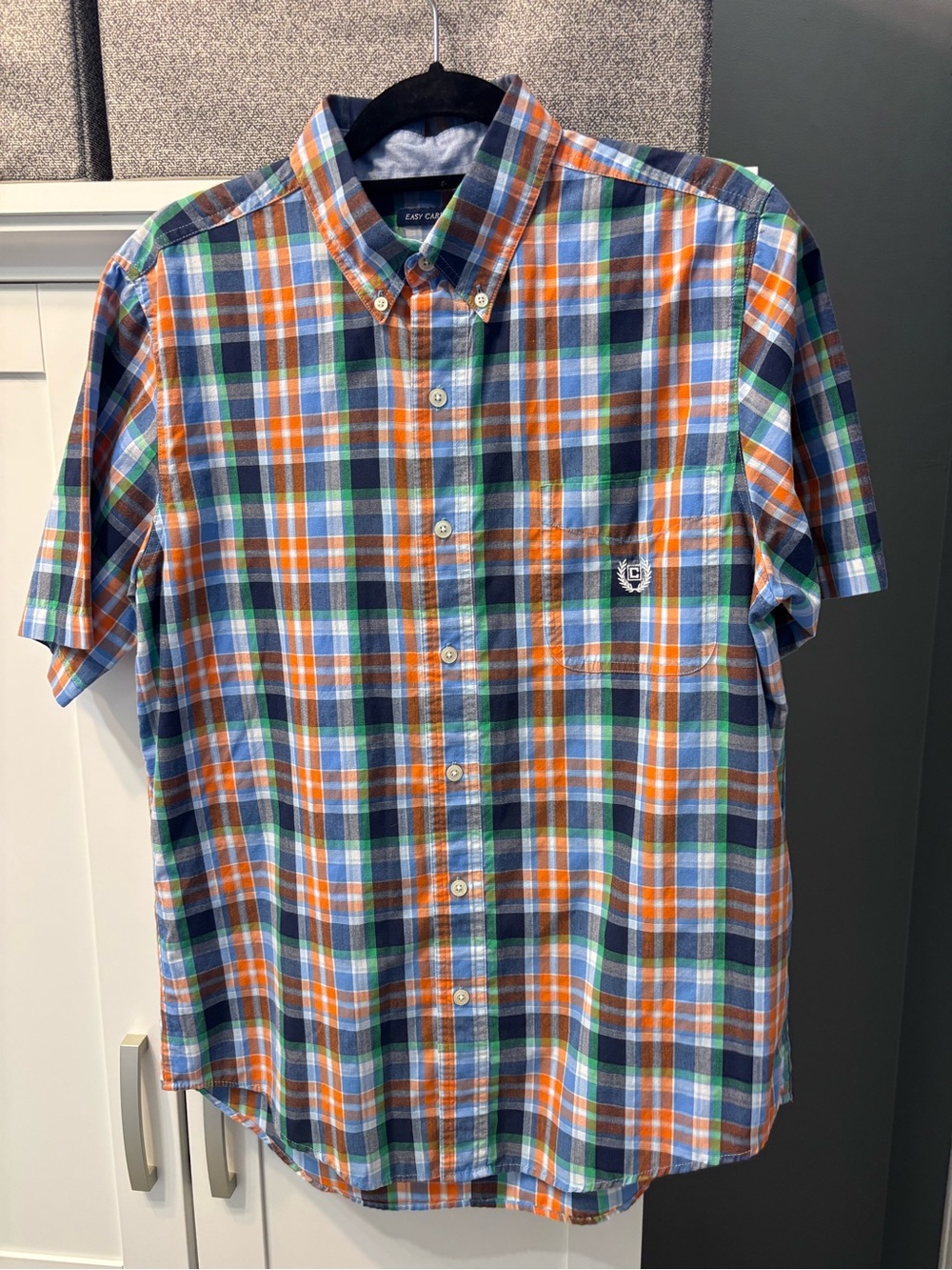 Ralph Lauren Chaps Short-Sleeve Button-Down Blue & Orange Plaid Shirt Size M EUC